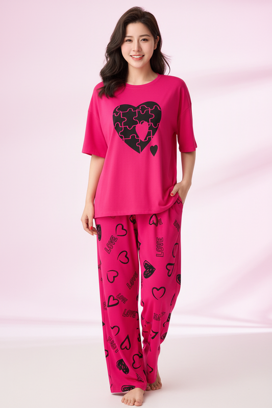 Hot Pink Puzzle Heart Nightwear Suit