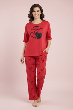 RED GOOD NIGHT Printed Nightwear Set With Love Heart Printed Trousers – Women's Lounge Wear (011)