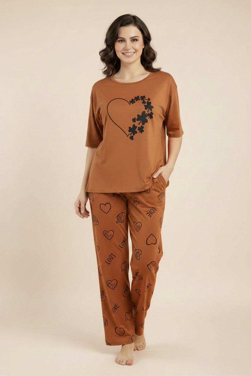 Beige Women Heart Printed Nightwear Set With Love Heart Printed Trousers – Women's Lounge Wear (011)