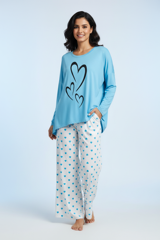 Aqua Blue Multi Heart Mini Heart Printed Trouser (001)