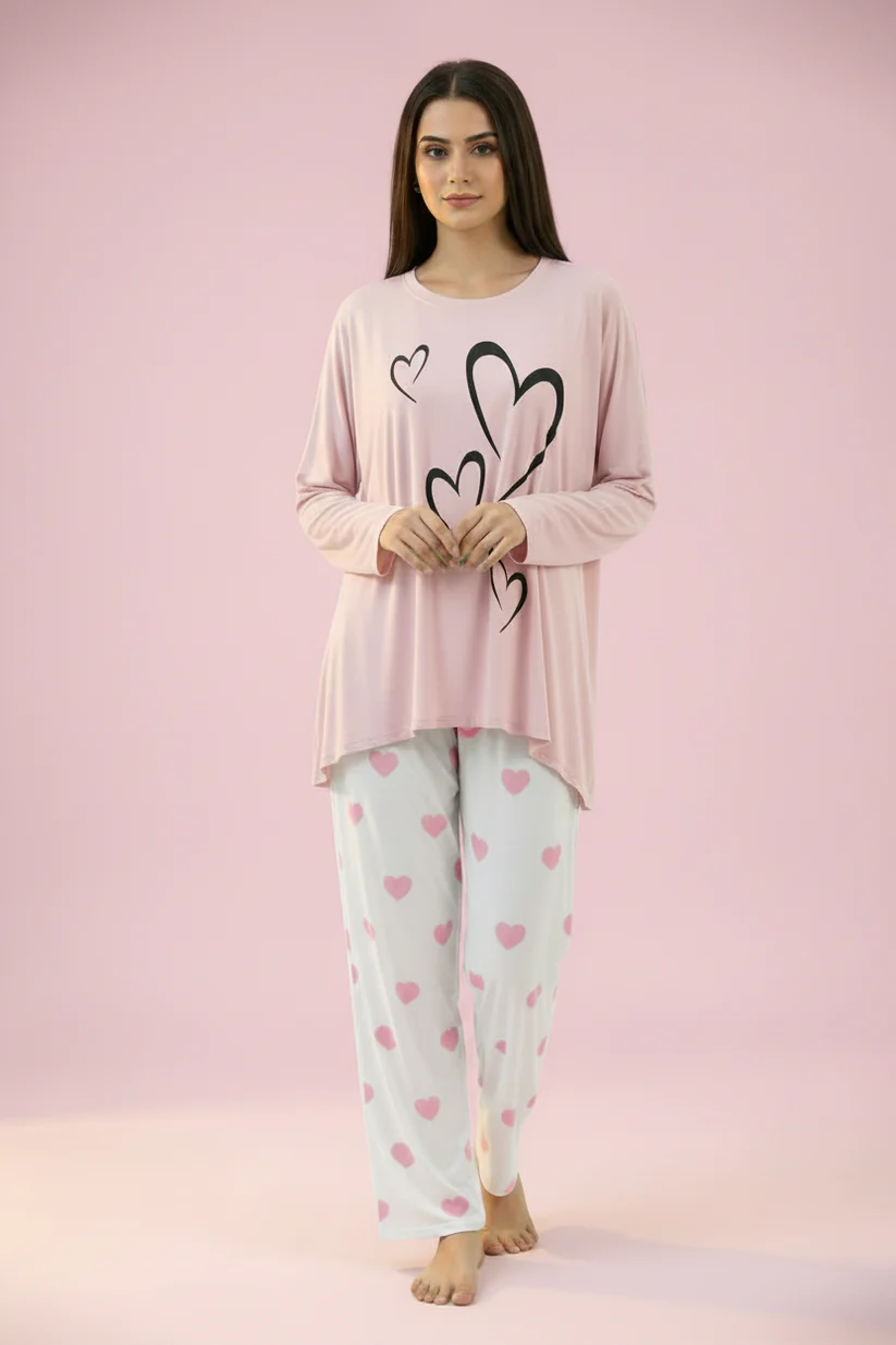 Women's Mini Heart Print Trouser & Printed T-Shirt Nightwear Set