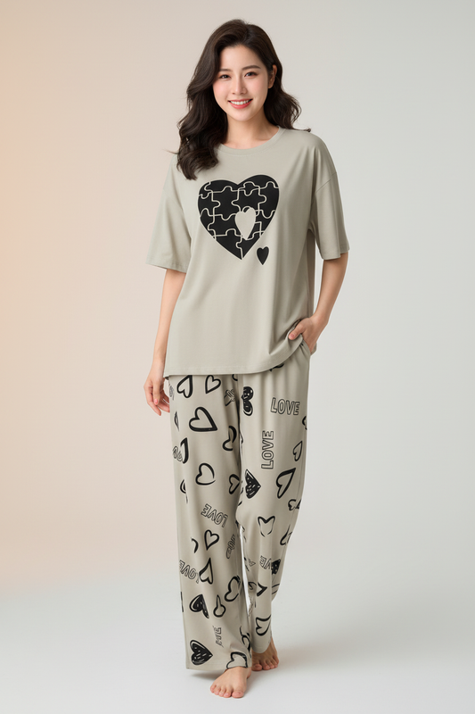 Khaki Puzzle Heart Nightwear Suit