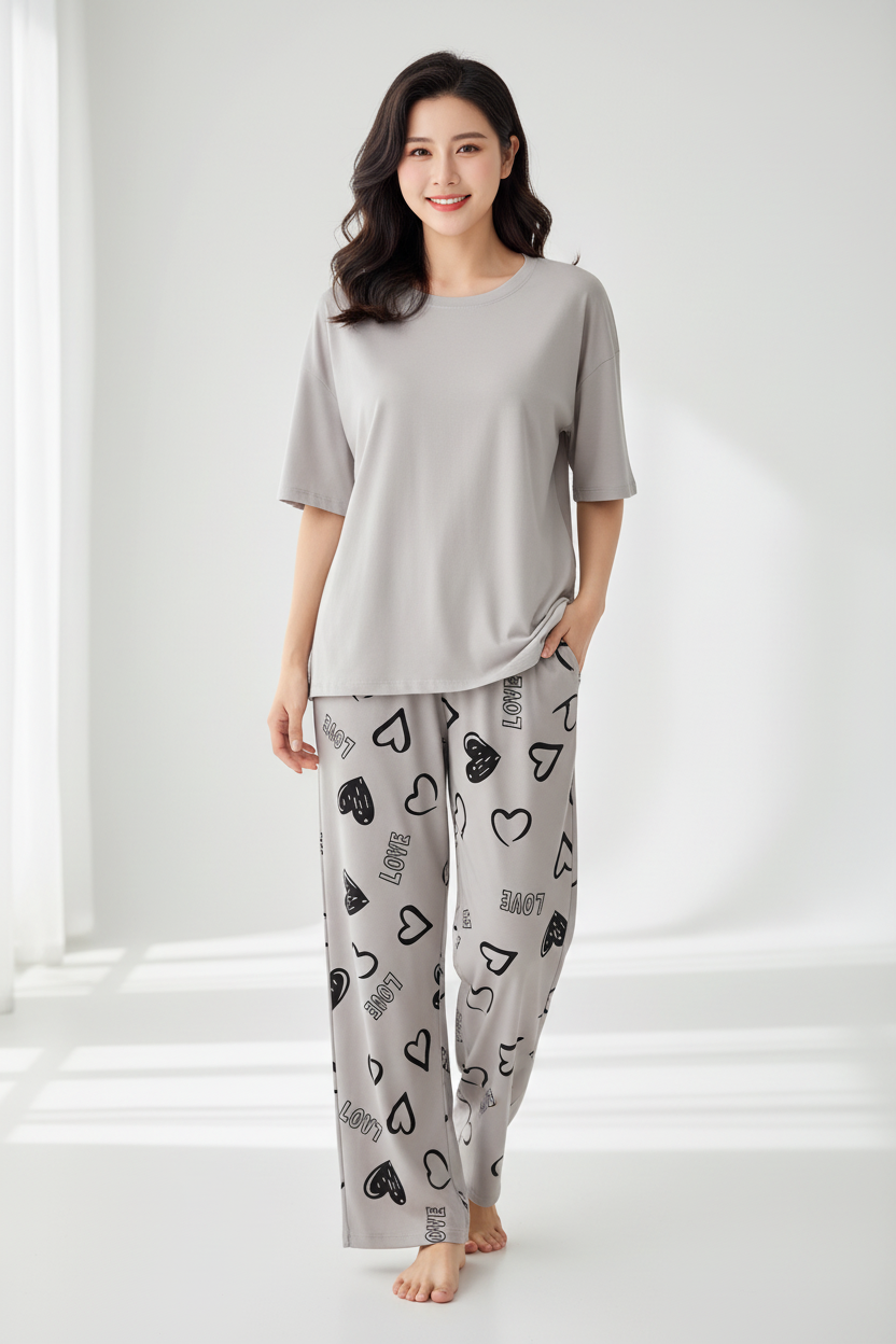 Light Grey Plain Nightwear Suit