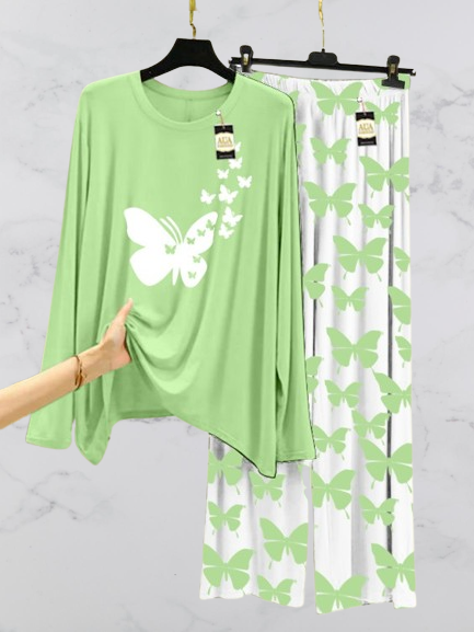 Light Green Flying Butterflies Printed Nightwear Set with Butterfly Printed Trousers – Women's Lounge Wear (003)