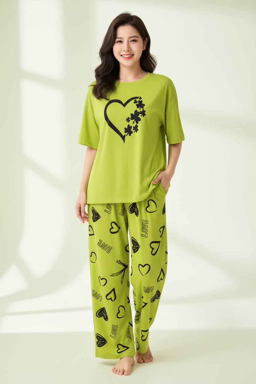 Lime Green Heart Flowers Nightwear Suit