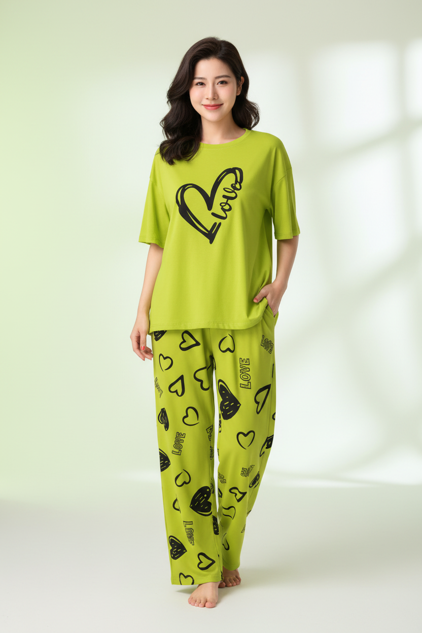 Lime Green Love Heart Nightwear Suit