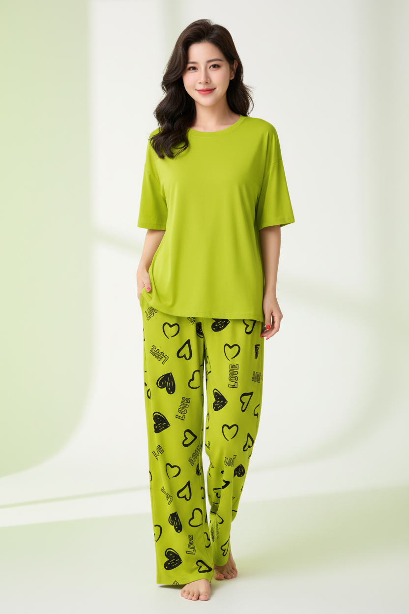 Lime Green Plain Nightwear Suit