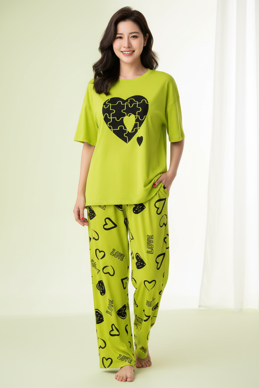 Lime Green Puzzle Heart Nightwear Suit