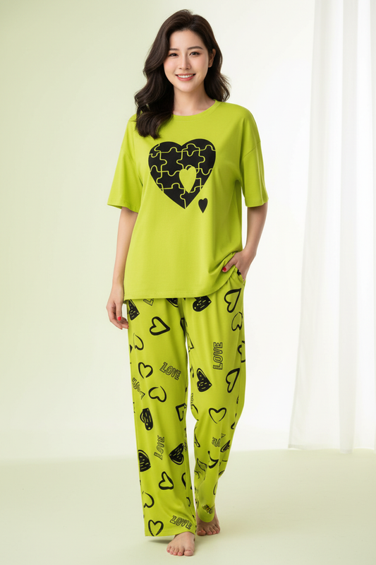 Lime Green Puzzle Heart Nightwear Suit