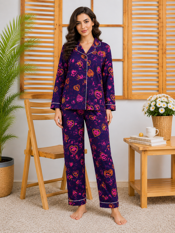 Women’s Purple Heart Printed Linen Night Suit – Ladies Pajama Set
