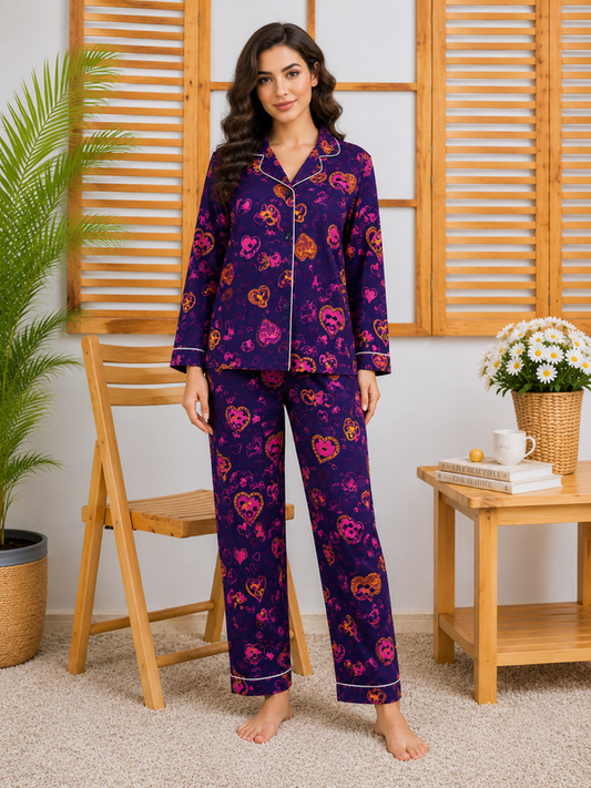 Women’s Purple Heart Printed Linen Night Suit – Ladies Pajama Set