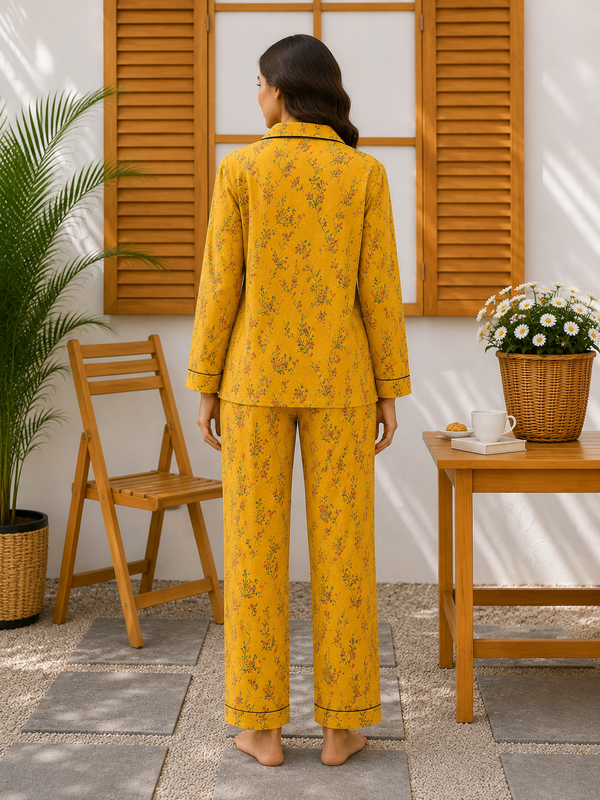 Women’s Mustard Yellow Printed Linen Pajama Set – Floral Sleepwear
