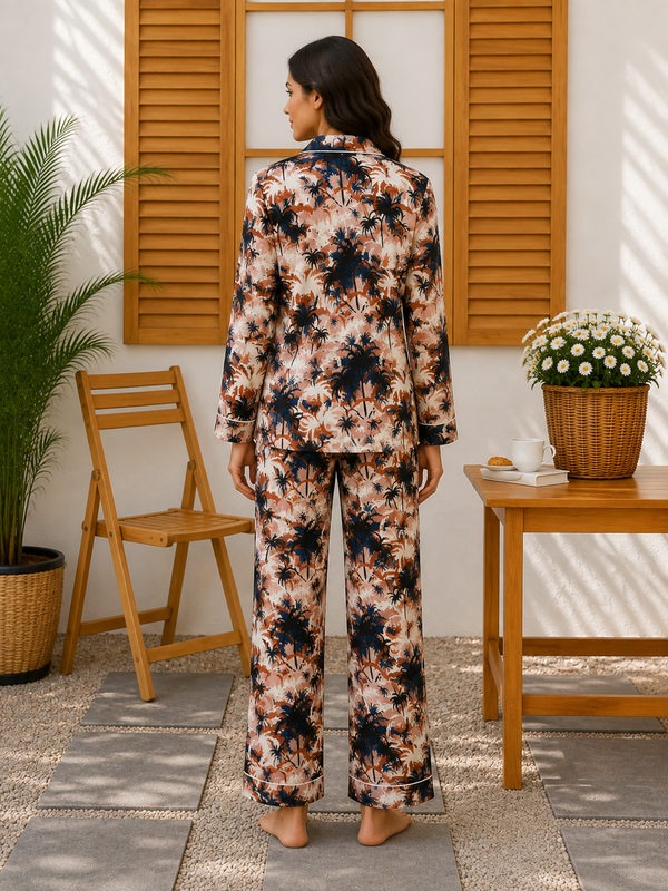Women’s Tropical Palm Printed Linen Pajama Set – Printed Sleepwear