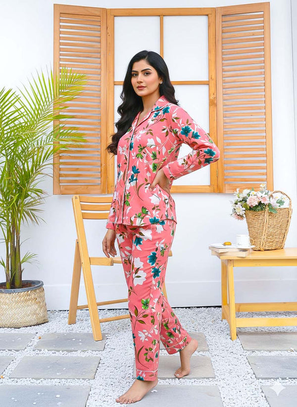 Women’s Pink Floral Printed Linen Night Suit – Ladies Pajama Set