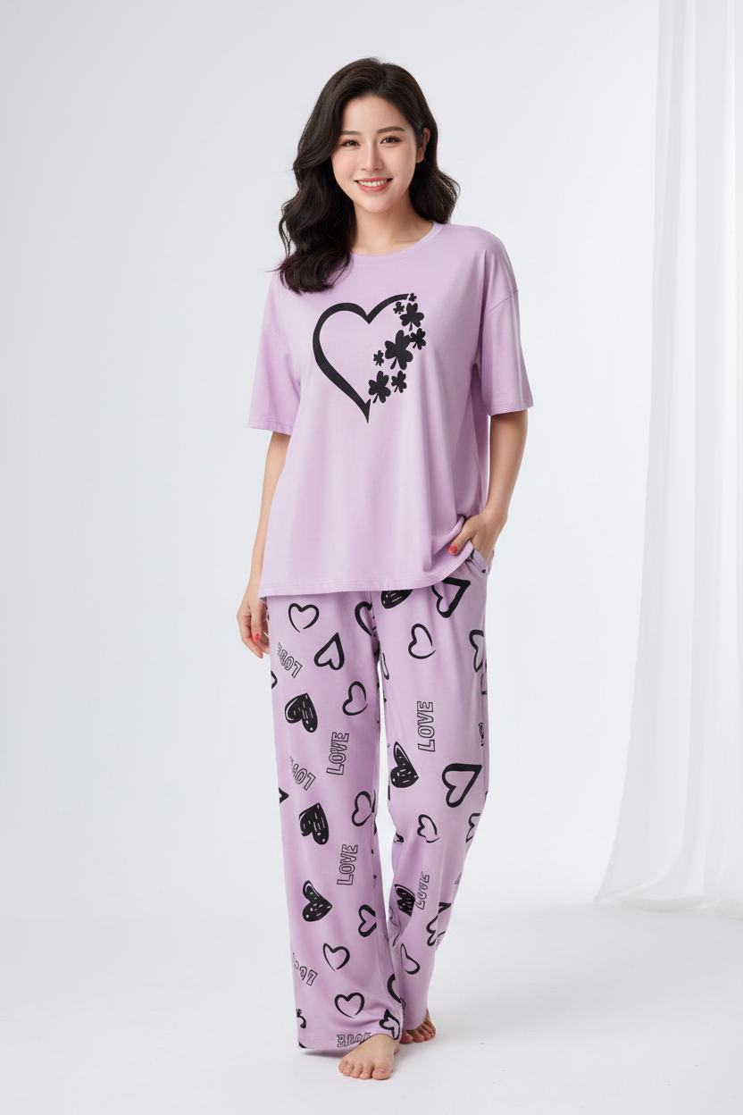 Purple Heart Flowers Nightwear Suit
