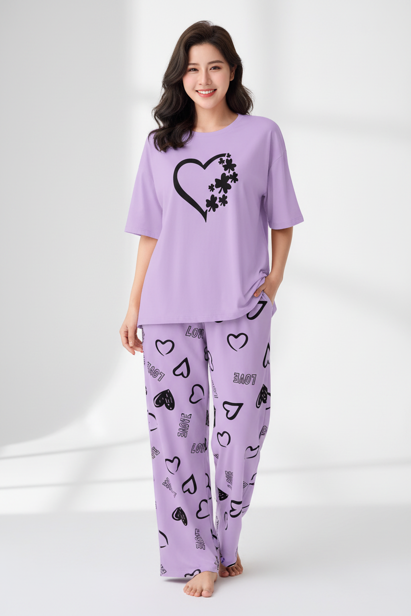 Purple Heart Flowers Nightwear Suit