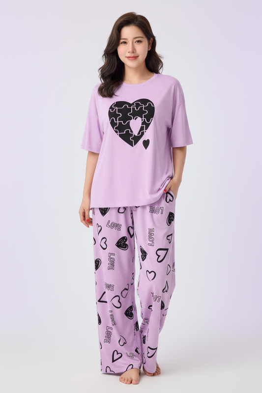 Purple Puzzle Heart Nightwear Suit