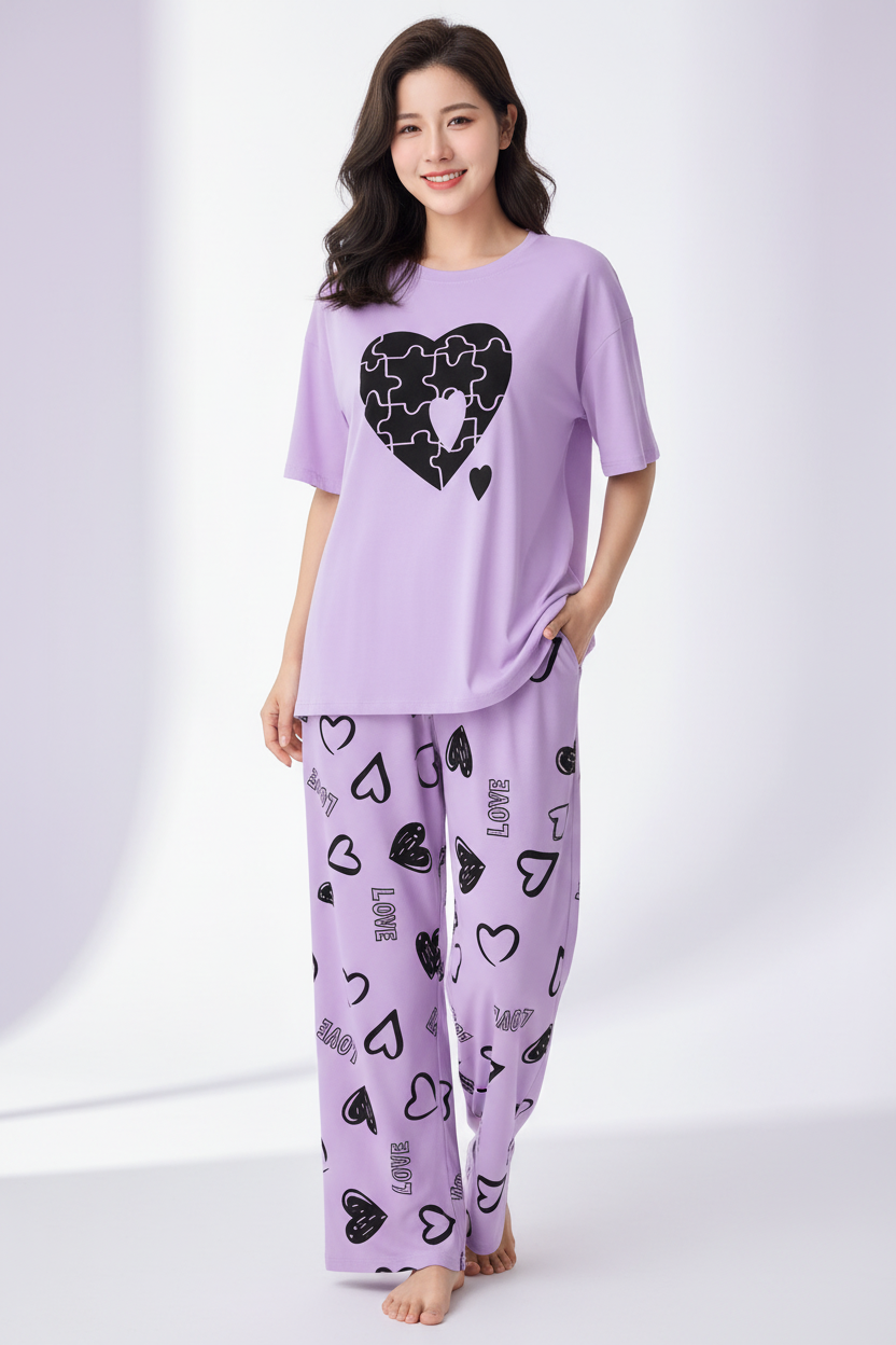 Purple Puzzle Heart Nightwear Suit