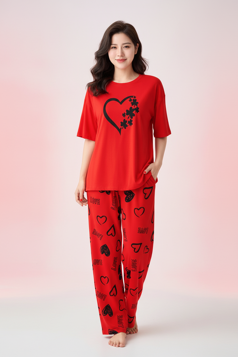 Red Heart Flowers Nightwear Suit