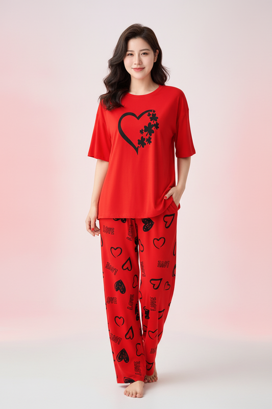 Red Heart Flowers Nightwear Suit