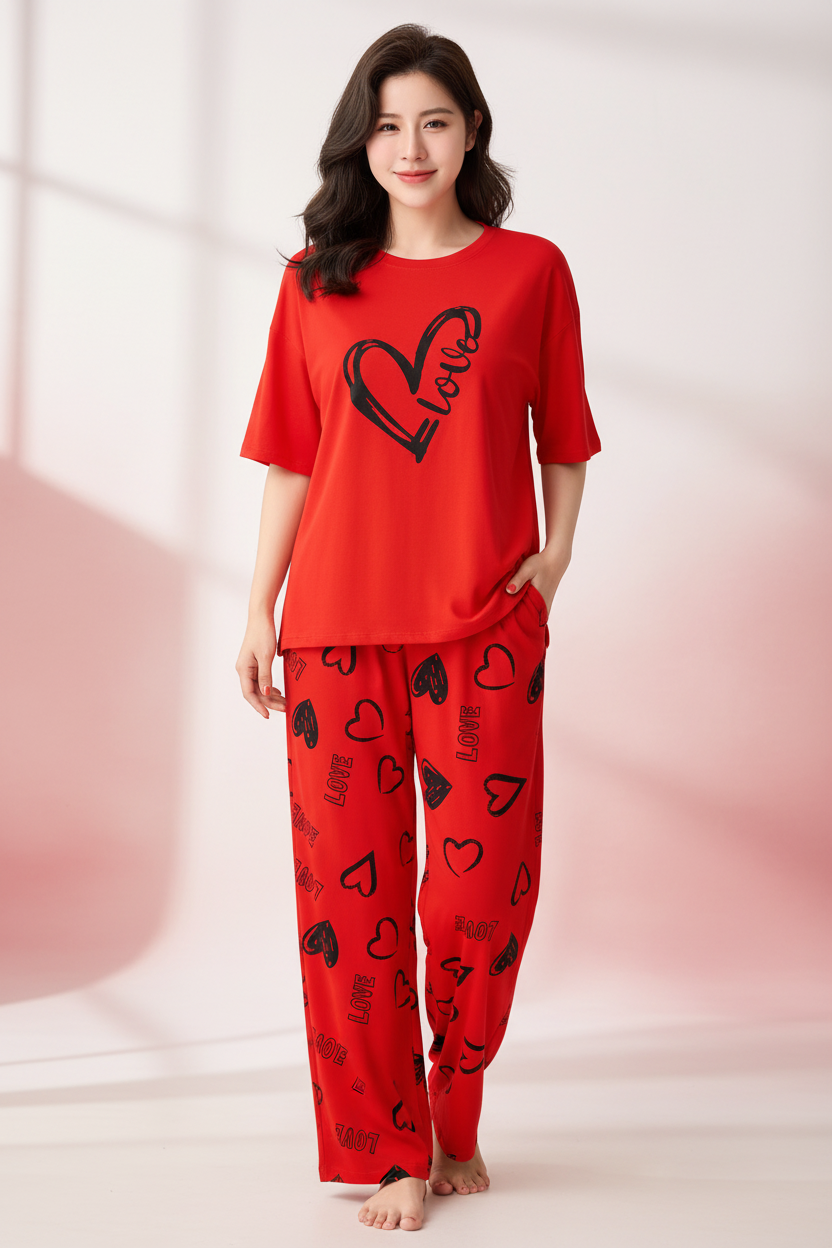 Red Love Heart Nightwear Suit
