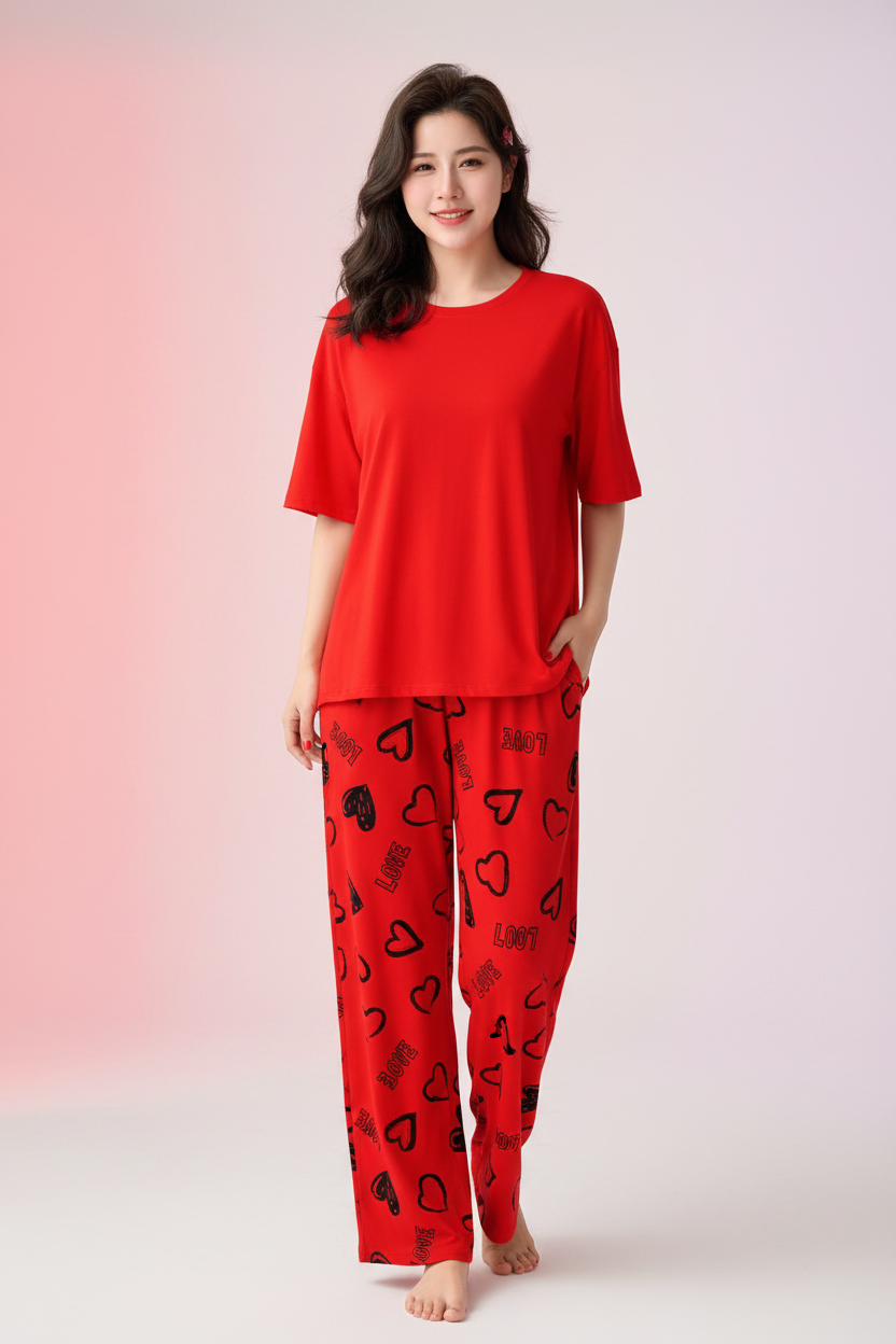 Red Plain Nightwear Suit