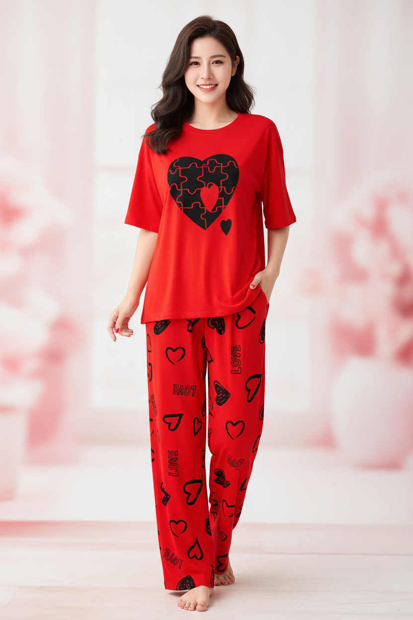 Red Puzzle Heart Nightwear Suit
