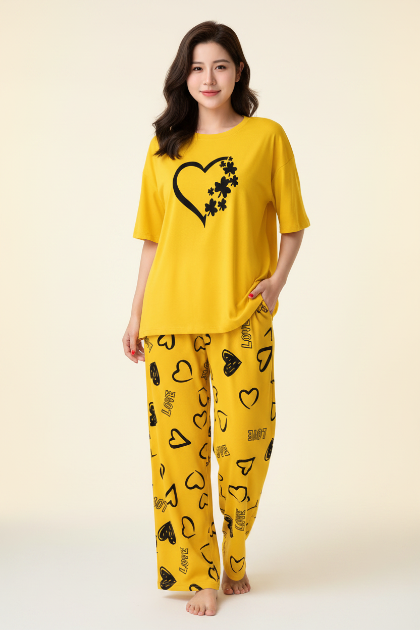 Yellow Heart Flowers Nightwear Suit