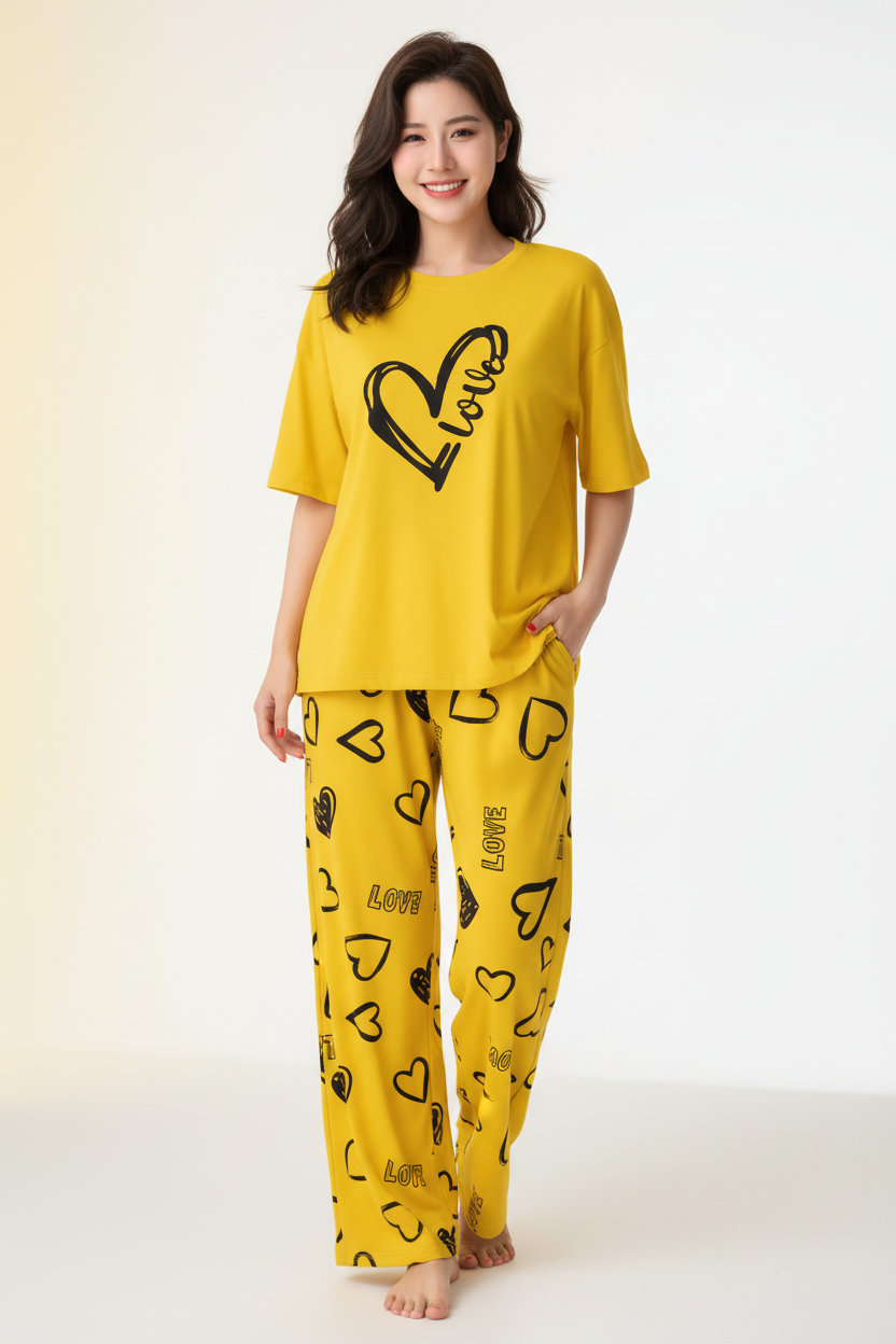 Yellow Love Heart Nightwear Suit