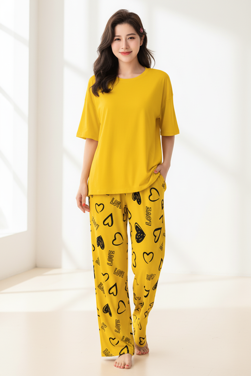 Yellow Plain Nightwear Suit