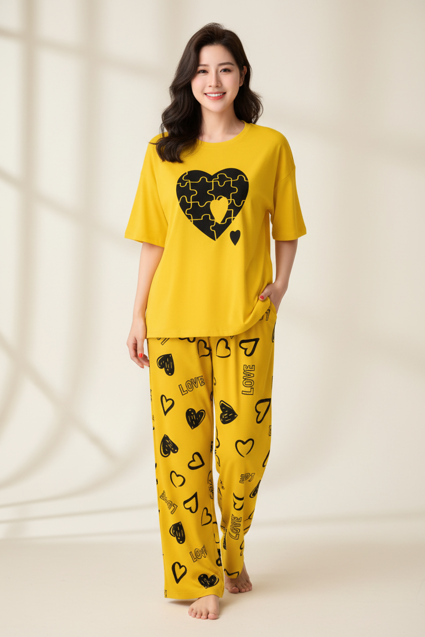 Yellow Puzzle Heart Nightwear Suit
